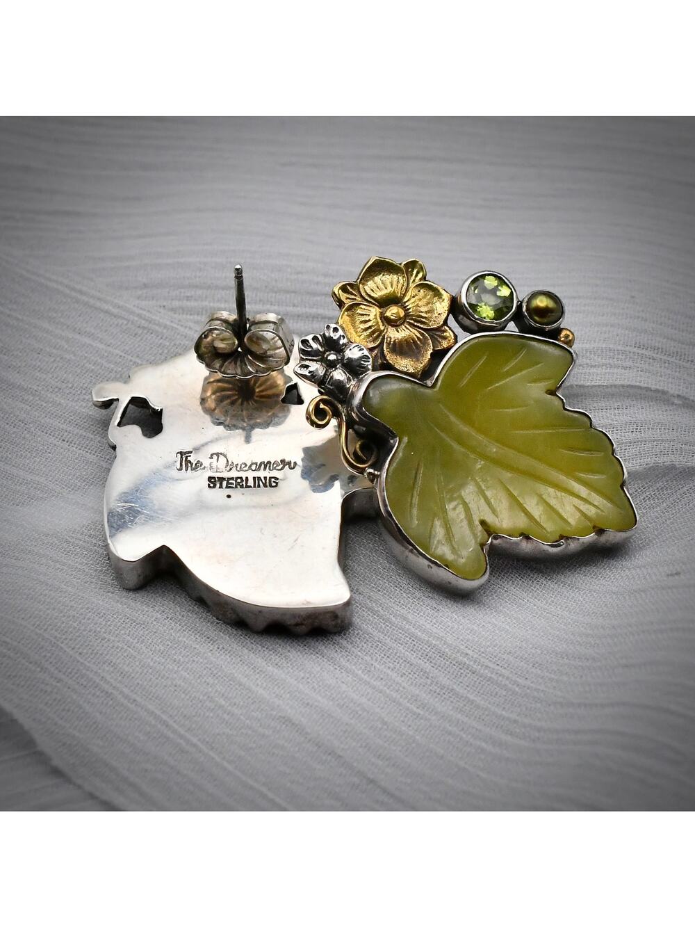 Echo of Dreamer Sterling Silver Bronze Carved Serpentine Peridot Leaf Earrings